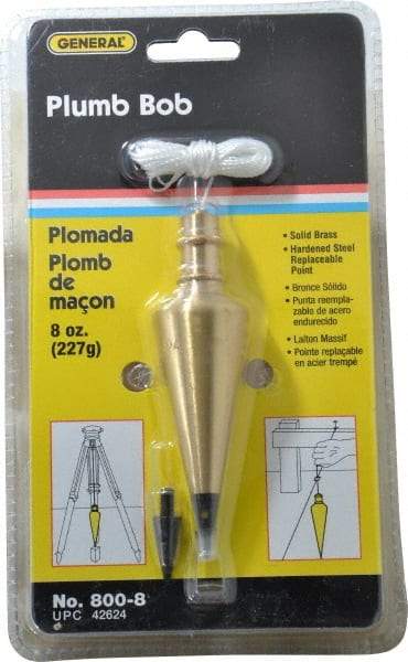 General - 4-1/2 Inch Long, 1-3/16 Inch Diameter Brass Plumb Bob - 8 Ounce, Has Replacable Tip - Exact Industrial Supply