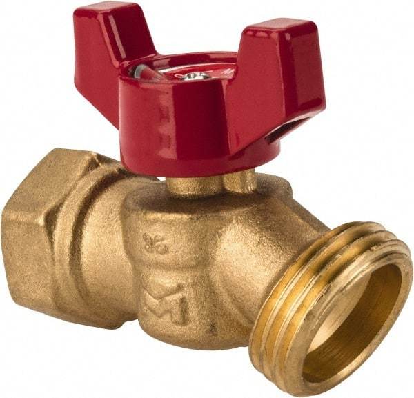 B&K Mueller - 1/2" Pipe, 125 psi WOG Rating, 1/4" Long Shank, Brass Hose Bibb, Stop Valve - Wing Tee Handle, FNPT x GHT End Connections - Exact Industrial Supply