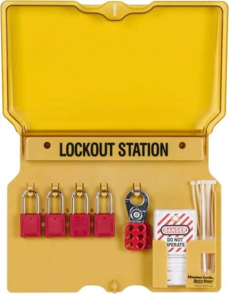 Master Lock - 7 Piece, Equipped Polycarbonate Padlock Station - 16 Inch Wide x 12-1/4 Inch High x 1-3/4 Inch Deep, Black on Yellow, Covered - Exact Industrial Supply