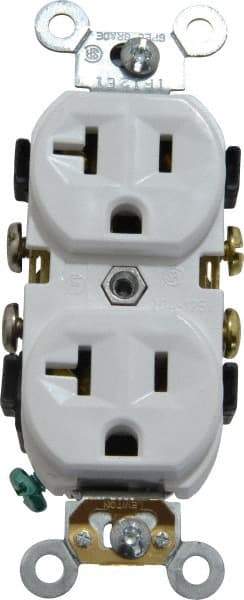 Leviton - 125 VAC, 20 Amp, 5-20R NEMA Configuration, White, Specification Grade, Self Grounding Duplex Receptacle - 1 Phase, 2 Poles, 3 Wire, Flush Mount, Tamper Resistant - Exact Industrial Supply