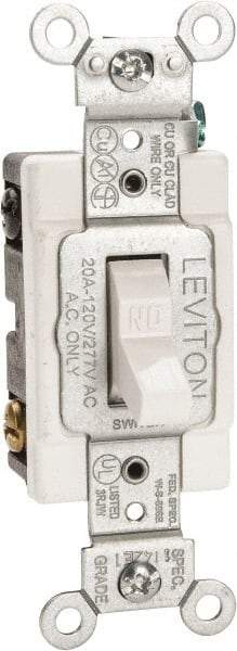 Leviton - 2 Pole, 120 to 277 VAC, 20 Amp, Commercial Grade, Toggle, Wall and Dimmer Light Switch - 1.31 Inch Wide x 4.06 Inch High - Exact Industrial Supply