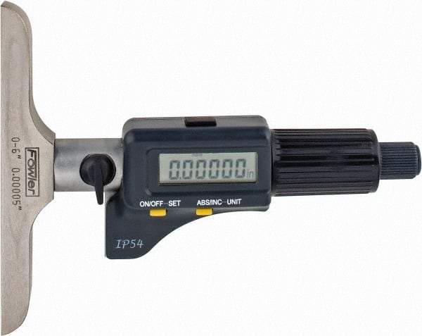 Fowler - 0 to 150mm Range, 4" Base Length, 6 Rods, Friction Thimble, Electronic Depth Micrometer - IP54, 0.00005" Resolution, 0.176" Rod Diam, 357 Battery, Data Output - Exact Industrial Supply