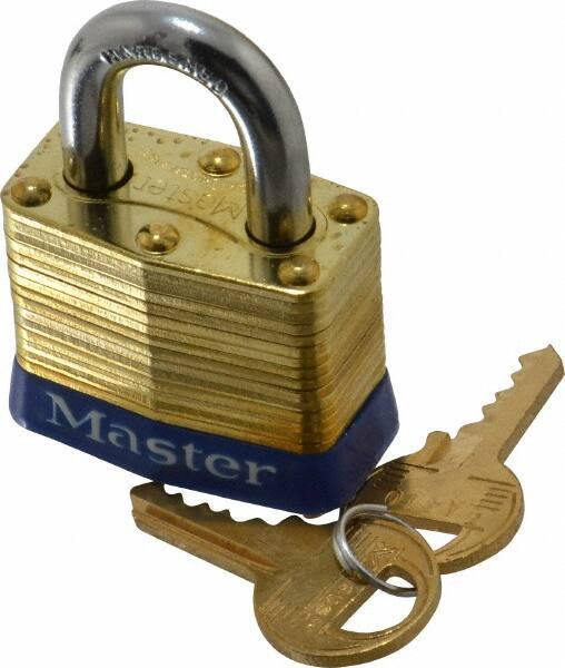 Master Lock - 3/4" Shackle Clearance, Keyed Different Laminated Brass Padlock - 9/32" Shackle Diam, Brass - Exact Industrial Supply