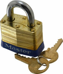Master Lock - 3/4" Shackle Clearance, Keyed Different Laminated Brass Padlock - 9/32" Shackle Diam, Brass - Exact Industrial Supply