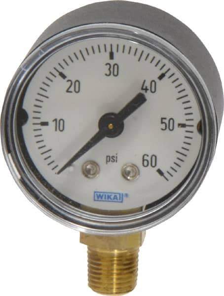 Wika - 1-1/2" Dial, 1/8 Thread, 0-60 Scale Range, Pressure Gauge - Lower Connection Mount, Accurate to 3-2-3% of Scale - Exact Industrial Supply