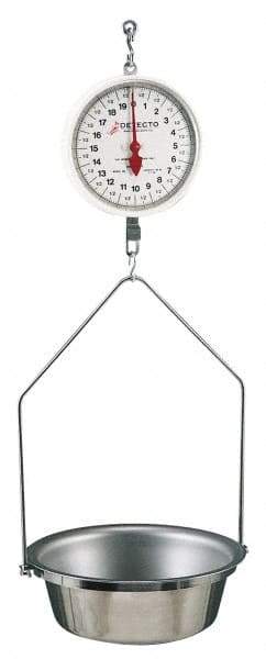 Detecto - 20 Lb. Capacity, 8 Inch Dial Hanging Scale with Stainless Steel Round Pan - 10 Lbs. Graduation, 2 Revolutions - Exact Industrial Supply