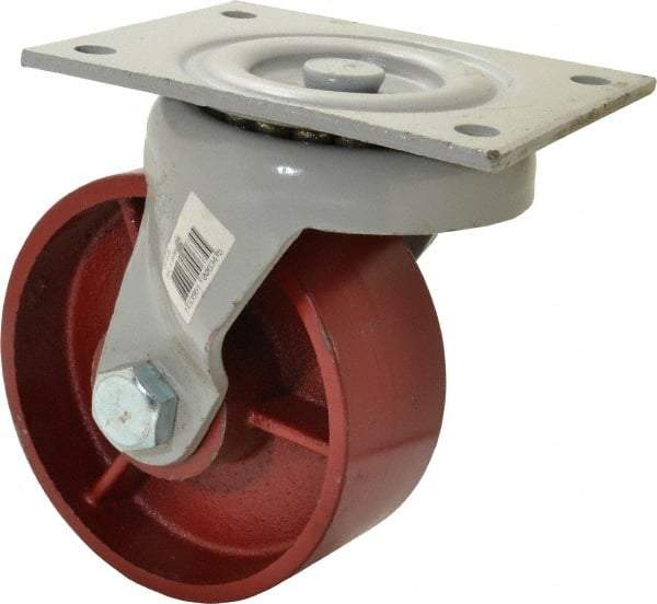 Fairbanks - 6" Diam x 2-1/2" Wide x 7-3/4" OAH Top Plate Mount Swivel Caster - Ductile Iron, 2,500 Lb Capacity, Roller Bearing, 5 x 6-1/2" Plate - Exact Industrial Supply
