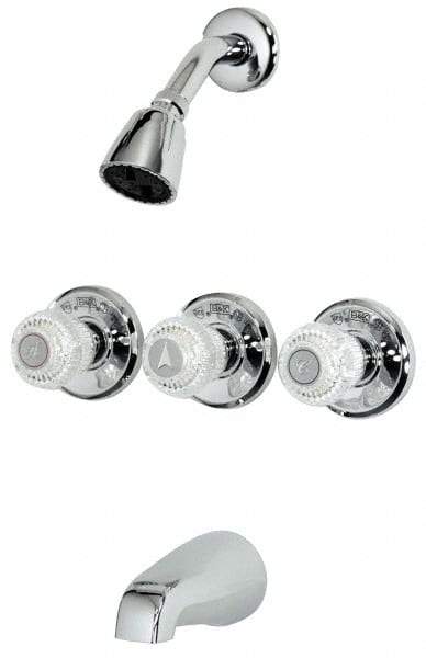 B&K Mueller - Concealed, Three Handle, Chrome Coated, Brass, Valve, Shower Head and Tub Faucet - Knob Handles, 8 Inch Mounting Centers, Acrylic Handles - Exact Industrial Supply