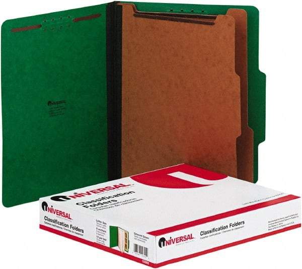 UNIVERSAL - 8-1/2 x 11", Letter Size, Emerald Green, Classification Folders with Top Tab Fastener - 2/5 Tab Cut Location - Exact Industrial Supply