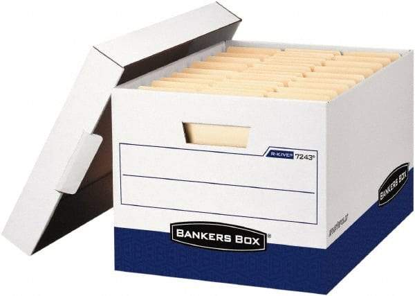 BANKERS BOX - 1 Compartment, 12 Inch Wide x 15 Inch Deep x 10 Inch High, File Storage Box - Paper, White and Blue - Exact Industrial Supply