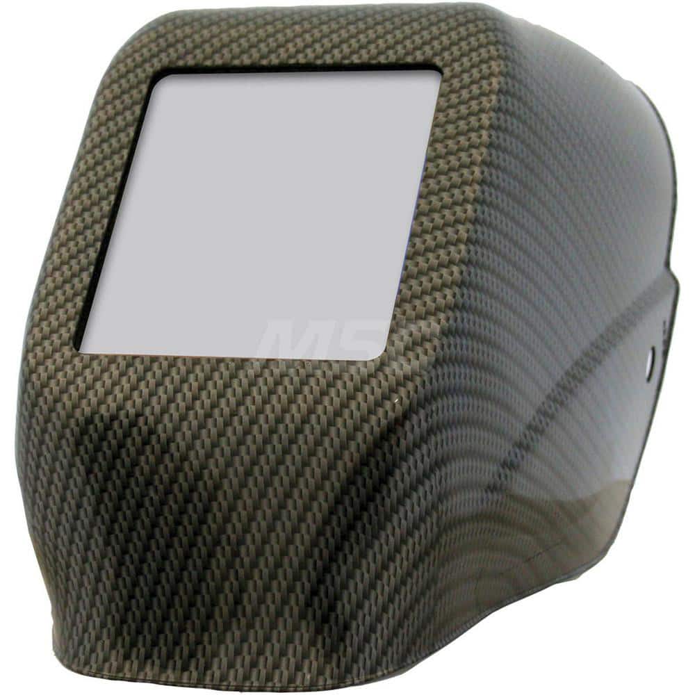 Welding Helmet: Thermoplastic, Shade 10 Thermoplastic, 4-1/2″ Window Width x 5-1/4″ Window Height, 0.06″ Window Thickness, Fixed Front, Green Lens, Carbon Fiber Design Graphic