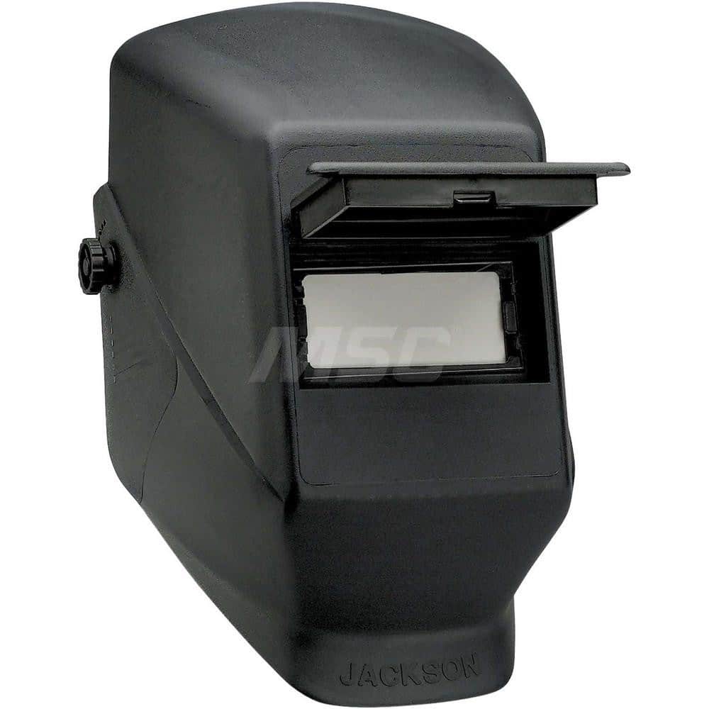 Welding Helmet: Black, Thermoplastic, Shade 10 Black, Thermoplastic, 4-1/4″ Window Width x 2″ Window Height, 0.06″ Window Thickness, Lift Front, Green Lens