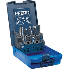 PFERD - 8 Pc Double Cut Burr Set with Cylinder, Cylinder w/Rad End, Ball, Tree w/Rad End, Tree w/Pointed End, Taper - Exact Industrial Supply