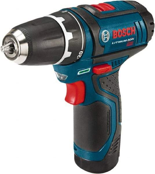 Bosch - 12 Volt 3/8" Chuck Pistol Grip Handle Cordless Drill - 0-350 & 0-1300 RPM, Reversible, 2 Lithium-Ion Batteries Included - Exact Industrial Supply