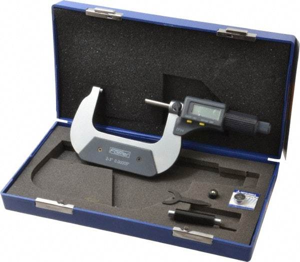 Fowler - 2 to 3 Inch Range, 0.0001 Inch Resolution, Standard Throat, IP54 Electronic Outside Micrometer - 0.0002 Inch Accuracy, Friction Thimble, 357 Battery, Data Output, Includes Case and Wrench - Exact Industrial Supply