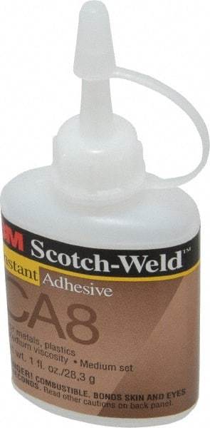 3M - 1 oz Bottle Clear Instant Adhesive - Series CA-8, 5 to 40 sec Fixture Time, 24 hr Full Cure Time, Bonds to Cardboard, Cork Board, Fabric, Fiberglass, Foam, Metal, Paper, Plastic, Rubber & Vinyl - Exact Industrial Supply