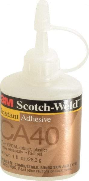 3M - 1 oz Bottle Yellow Instant Adhesive - Series CA40, 3 to 20 sec Fixture Time, 24 hr Full Cure Time, Bonds to Cardboard, Cork Board, Fabric, Fiberglass, Foam, Metal, Plastic, Rubber & Vinyl - Exact Industrial Supply