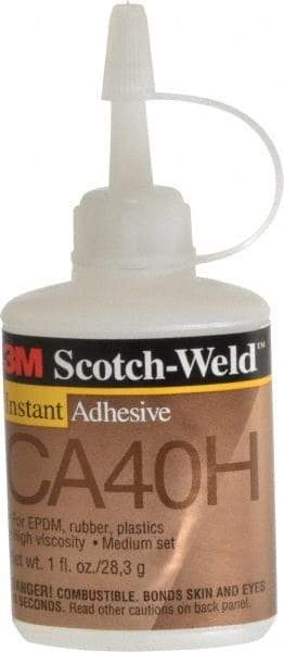 3M - 1 oz Bottle Yellow Instant Adhesive - Series CA40H, 5 to 40 sec Fixture Time, 24 hr Full Cure Time, Bonds to Cardboard, Cork Board, Fabric, Fiberglass, Foam, Metal, Paper, Plastic, Rubber & Vinyl - Exact Industrial Supply