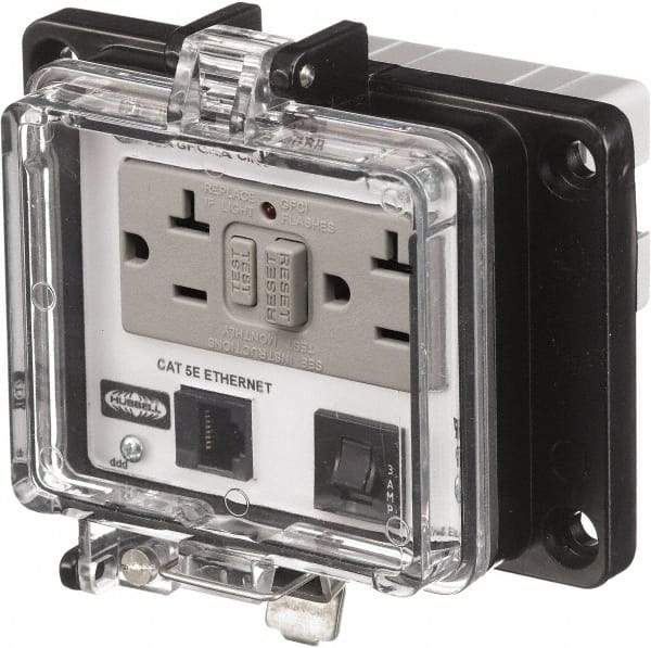 Hubbell Wiring Device-Kellems - 1 Port, 3 Power Receptacle, Ethernet, Clear Data Port Receptacle - 4.79 Inch Long x 1.61 Inch Deep x 5.08 Inch Wide, Aluminum, Surface Mount, Gray - Exact Industrial Supply