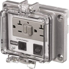 Hubbell Wiring Device-Kellems - 1 Port, 3 Power Receptacle, Ethernet, Clear Data Port Receptacle - 4.79 Inch Long x 1.61 Inch Deep x 5.08 Inch Wide, Aluminum, Surface Mount, Gray - Exact Industrial Supply