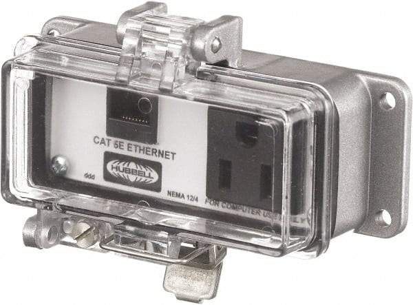 Hubbell Wiring Device-Kellems - 1 Port, 1 Power Receptacle, Ethernet, Clear Data Port Receptacle - 3.2 Inch Long x 1.6 Inch Deep x 4.45 Inch Wide, Aluminum, Surface Mount, Gray - Exact Industrial Supply