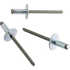 STANLEY Engineered Fastening - Size 4 Large Flange Head Steel Open End Blind Rivet - Steel Mandrel, 0.063" to 1/8" Grip, 1/8" Head Diam, 0.129" to 0.133" Hole Diam, 0.078" Body Diam - Exact Industrial Supply