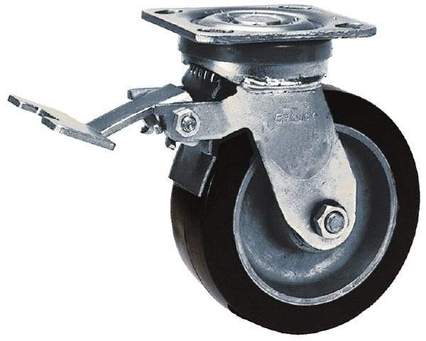 Albion - 5" Diam x 2" Wide x 6-1/2" OAH Top Plate Mount Swivel Caster with Brake - Phenolic, 900 Lb Capacity, Roller Bearing, 4 x 4-1/2" Plate - Exact Industrial Supply