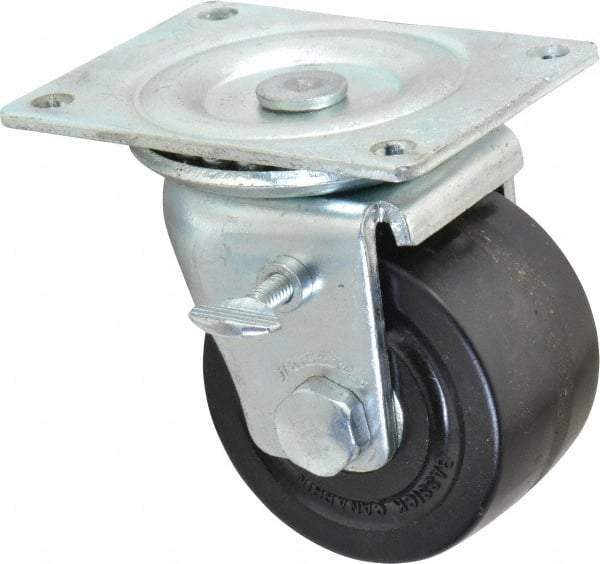 Albion - 3" Diam x 1-13/16" Wide x 3-31/32" OAH Top Plate Mount Swivel Caster with Brake - Phenolic, 700 Lb Capacity, Roller Bearing, 3-1/8 x 4-1/8" Plate - Exact Industrial Supply