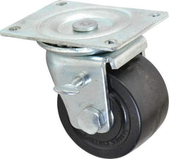 Albion - 3" Diam x 1-13/16" Wide x 3-31/32" OAH Top Plate Mount Swivel Caster with Brake - Phenolic, 700 Lb Capacity, Roller Bearing, 3-1/8 x 4-1/8" Plate - Exact Industrial Supply