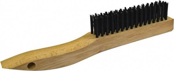 Gordon Brush - 4 Rows x 19 Columns Steel Scratch Brush - 5-3/8" Brush Length, 13-3/4" OAL, 1/8 Trim Length, Wood Curved Handle - Exact Industrial Supply