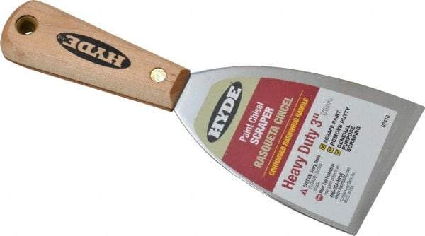 Hyde Tools - Stiff Carbon Steel Chisel Scraper - 3" Blade Width, 8-1/4" Long Hardwood Handle - Exact Industrial Supply
