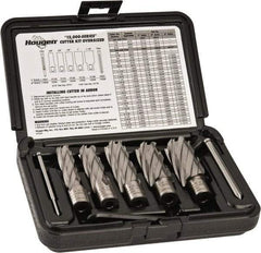 Hougen - 8 Piece, 5/8 to 1-1/8" Cutter Diam, 2" Cutting Depth, High Speed Steel Annular Cutter Set - Bright Finish, 3/4" Shank Diam, 5/8, 3/4, 7/8, 1, 1-1/8" Cutter Diams, 2 Flats on Shank - Exact Industrial Supply