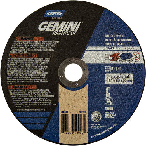 7″ × 0.045″ × 7/8″ Small Diameter Cut-Off Wheel Gemini RightCut SS 60 Grit - Exact Industrial Supply