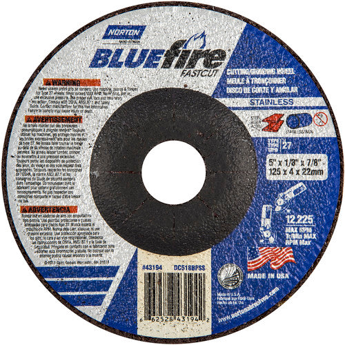 5″ × 1/8″ × 7/8″ BlueFire Non-Woven Depressed Center Wheel Type 27 Zirconia Alumina / Aluminum Oxide - Exact Industrial Supply