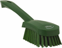Vikan - 1.3" Bristle Length, Polyester Scrub Brush - 4-1/4" Long x 2-3/4" Wide Head, 10" OAL, Green, Polypropylene Block - Exact Industrial Supply