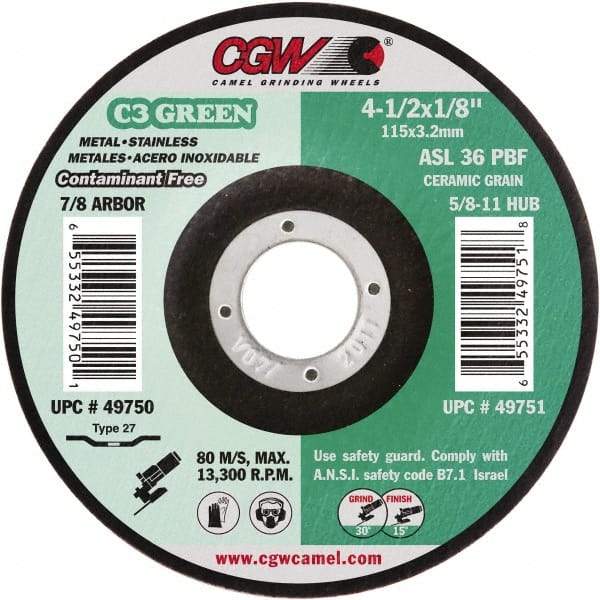 Camel Grinding Wheels - 36 Grit, 4-1/2" Wheel Diam, 1/8" Wheel Thickness, 7/8" Arbor Hole, Type 27 Depressed Center Wheel - Medium Grade, Aluminum Oxide, Resinoid Bond, 13,300 Max RPM - Exact Industrial Supply