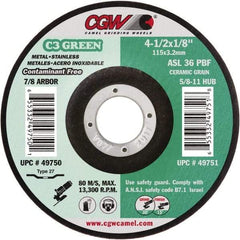 Camel Grinding Wheels - 36 Grit, 4-1/2" Wheel Diam, 1/8" Wheel Thickness, 7/8" Arbor Hole, Type 27 Depressed Center Wheel - Medium Grade, Aluminum Oxide, Resinoid Bond, 13,300 Max RPM - Exact Industrial Supply