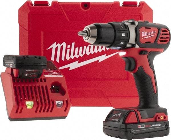 Milwaukee Tool - 18 Volt 1/2" Chuck Pistol Grip Handle Cordless Drill - 0-400 & 0-1800 RPM, Keyless Chuck, Reversible, 2 Lithium-Ion Batteries Included - Exact Industrial Supply