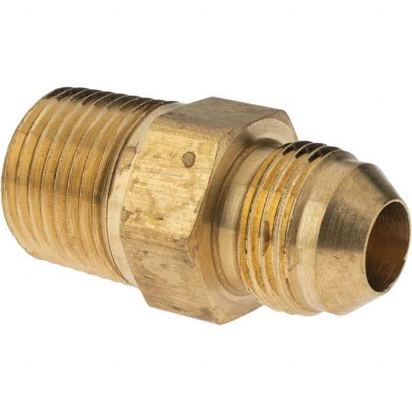 Parker - 1/2" Tube OD, 37° Brass Flared Tube Male Adapter - 1/2-14 NPTF, Flare x NPTF Ends - Exact Industrial Supply