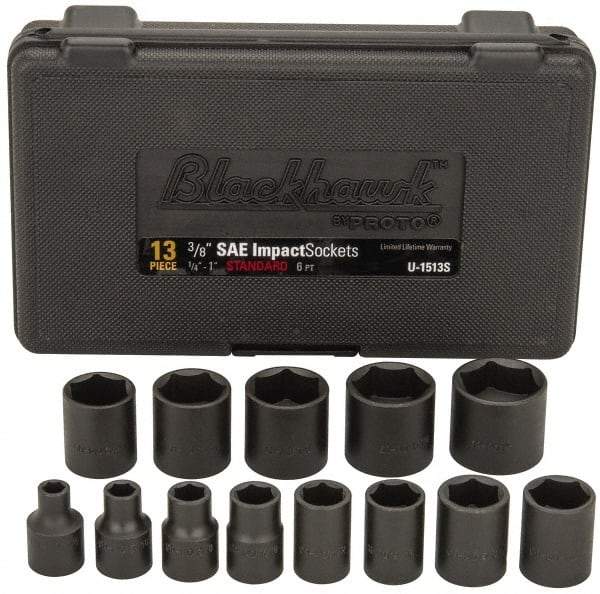 Blackhawk by Proto - 13 Piece 3/8" Drive Black Finish Impact Socket Set - 6 Points, 1/4" to 1" Range, Inch Measurement Standard - Exact Industrial Supply