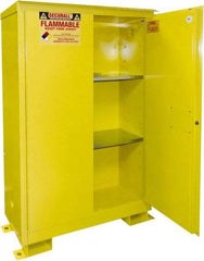 Securall Cabinets - 2 Door, 2 Shelf, Yellow Steel Standard Safety Cabinet for Flammable and Combustible Liquids - 69" High x 43" Wide x 18" Deep, Manual Closing Door, 3 Point Key Lock, 45 Gal Capacity - Exact Industrial Supply