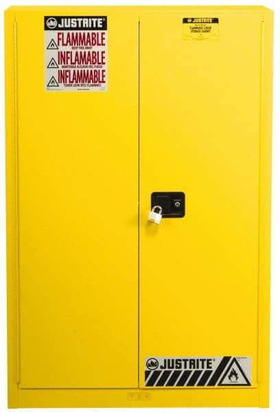 Justrite - 2 Door, 5 Shelf, Yellow Steel Standard Safety Cabinet for Flammable and Combustible Liquids - 65" High x 43" Wide x 18" Deep, Manual Closing Door, 3 Point Key Lock, 60 Gal Capacity - Exact Industrial Supply