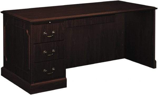 Hon - High Pressure Laminate Right Return Desk with Center Drawer - 66" Wide x 30" Deep x 29-1/2" High, Mahogany - Exact Industrial Supply