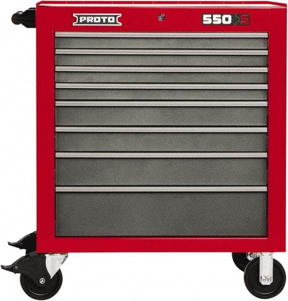 Proto - 8 Drawer 15,134 Lb Capacity Steel Tool Roller Cabinet - 34" Wide x 41" High x 25-1/4" Deep, Ball Bearing Drawer Slides, Safety Red/Gray - Exact Industrial Supply