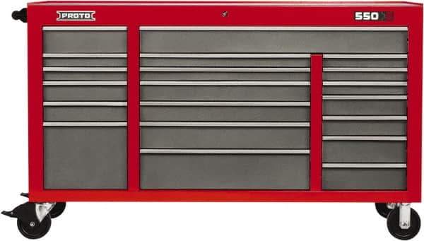 Proto - 20 Drawer Mobile Workstation - 67" Wide x 25-1/4" Deep x 41" High, Steel, Safety Red & Gray - Exact Industrial Supply