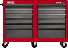 Proto - 14 Drawer Mobile Workstation - 54" Wide x 18" Deep x 42" High, Steel, Safety Red & Gray - Exact Industrial Supply