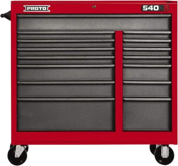 Proto - 15 Drawer Mobile Workstation - 41" Wide x 18" Deep x 42" High, Steel, Safety Red & Gray - Exact Industrial Supply