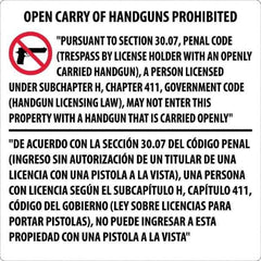 NMC - "Open Carry of Handguns Prohibited", 30" Long x 30" Wide, Aluminum Safety Sign - Square, 0.118" Thick, Use for Accident Prevention - Exact Industrial Supply