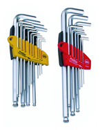 13 Piece - .050 - 3/8" & 9 Piece Metric Set 1.5 - 10.0mm - Hard Chrome Finish with Holders - Ball End Hex L-Key MagicRing® Screw Holding Long Arm Combination Inch Set - Exact Industrial Supply