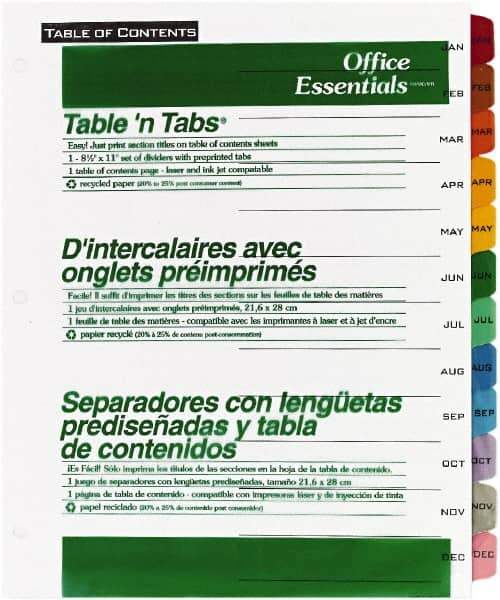 Office Essentials - 11 x 8 1/2" Jan to Dec Label, 12 Tabs, 3-Hole Punched, Preprinted Tab Dividers - Multicolor Tabs, White Folder - Exact Industrial Supply